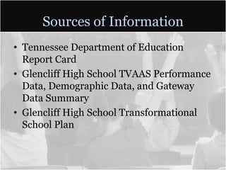 Sources of Information
• Tennessee Department of Education
  Report Card
• Glencliff High School TVAAS Performance
  Data, Demographic Data, and Gateway
  Data Summary
• Glencliff High School Transformational
  School Plan
 