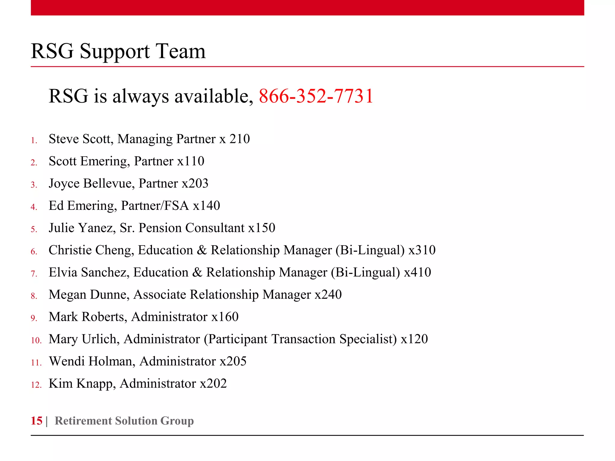 RSG Support Team
      RSG is always available, 866-352-7731
1.    Steve Scott, Managing Partner x 210
2.    Scott Emering, Partner x110
3.    Joyce Bellevue, Partner x203
4.    Ed Emering, Partner/FSA x140
5.    Julie Yanez, Sr. Pension Consultant x150
6.    Christie Cheng, Education & Relationship Manager (Bi-Lingual) x310
7.    Elvia Sanchez, Education & Relationship Manager (Bi-Lingual) x410
8.    Megan Dunne, Associate Relationship Manager x240
9.    Mark Roberts, Administrator x160
10.   Mary Urlich, Administrator (Participant Transaction Specialist) x120
11.   Wendi Holman, Administrator x205
12.   Kim Knapp, Administrator x202

15 | Retirement Solution Group
 