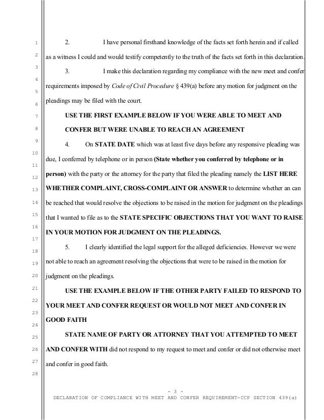 Sample meet and confer declaration for motion for judgment on the ple…