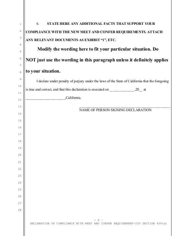 Sample meet and confer declaration for motion for judgment on the ple…