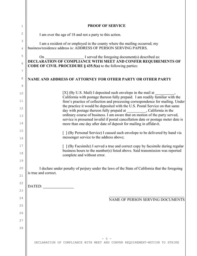Sample meet and confer declaration for motion to strike in California