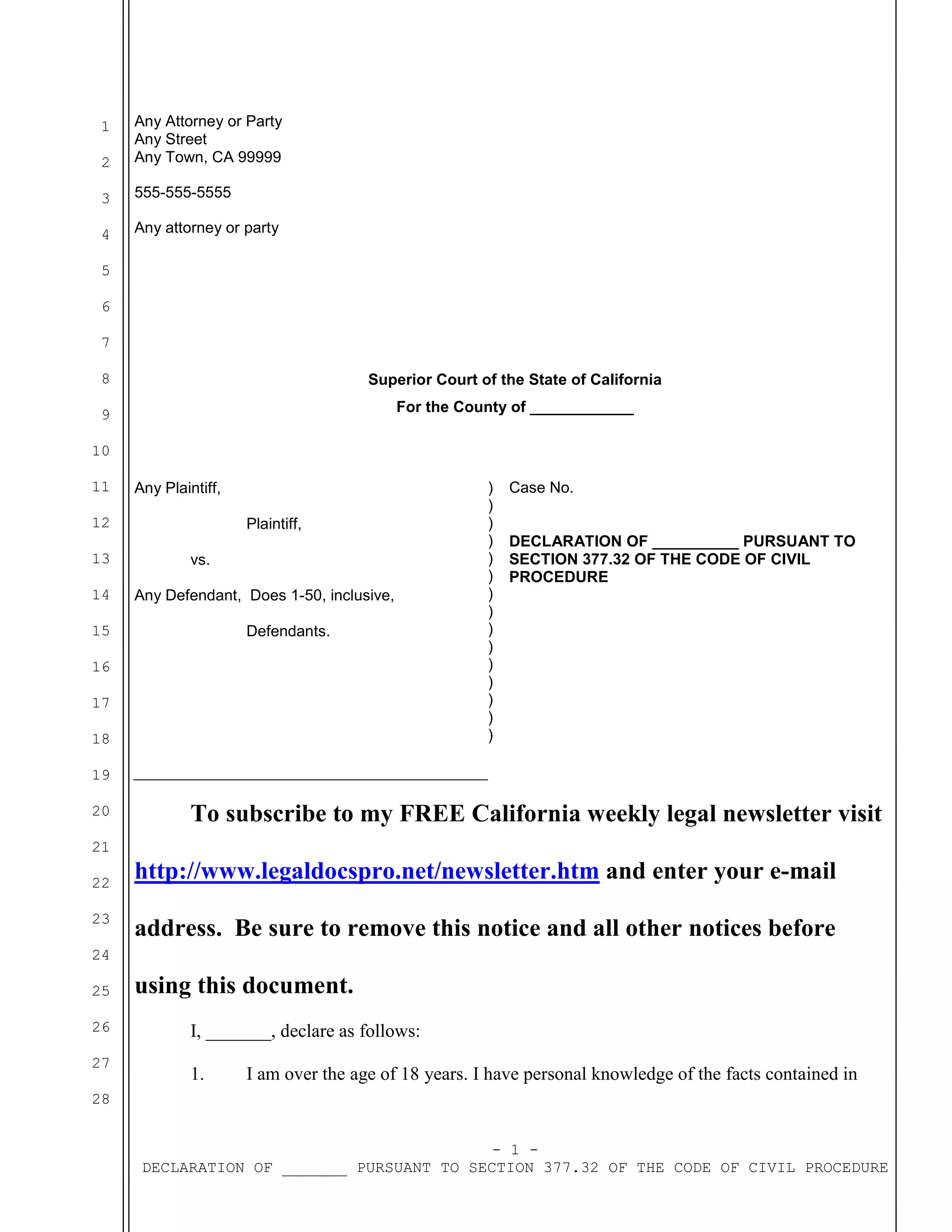 Sample declaration under section 377 32 of the code of civil procedure
