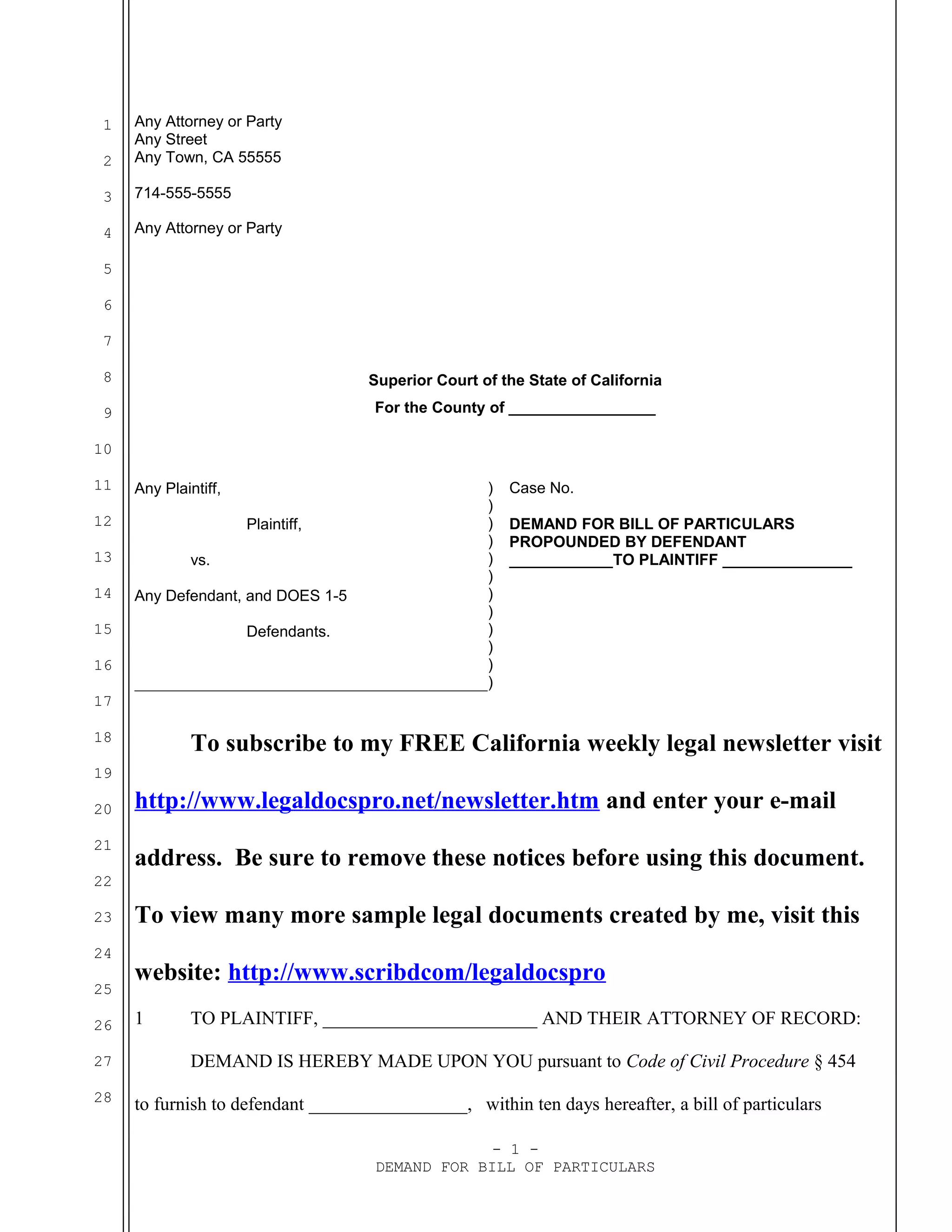 Sample demand for bill of particulars for California | DOC