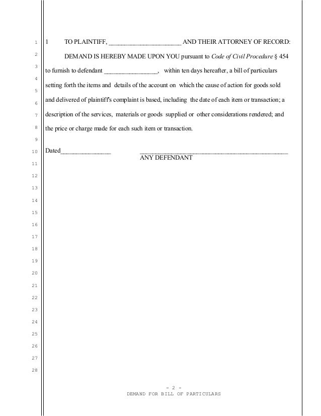 Sample Demand For Bill Of Particulars For California