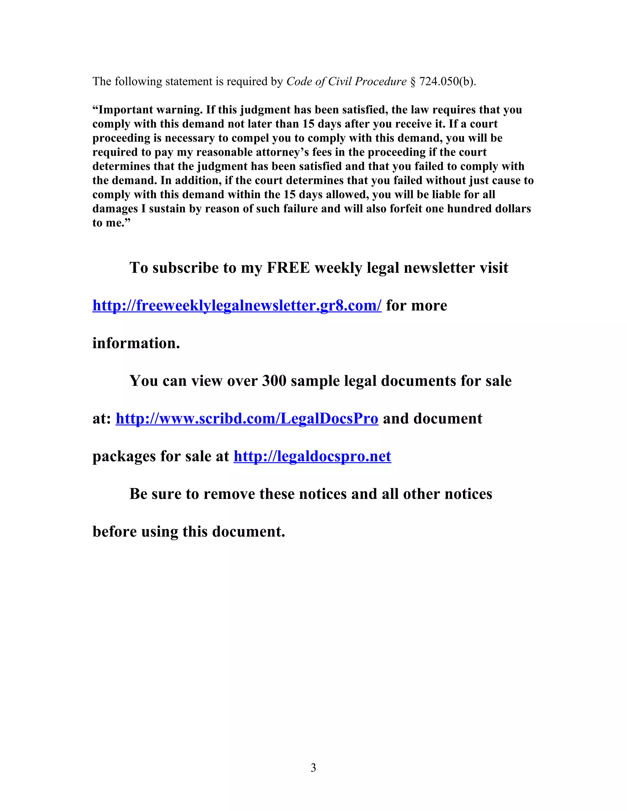 Demand Statement Sample demand for full satisfaction of judgment in California | DOC