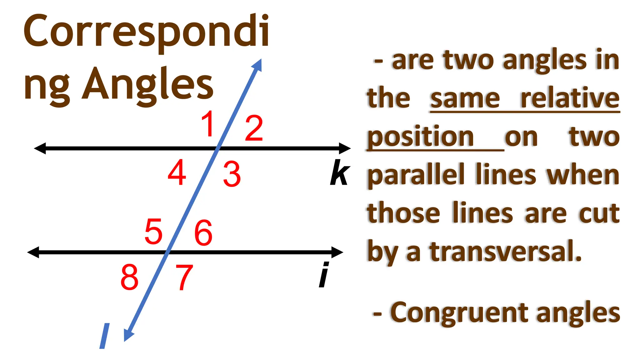 1 2
3
4
6
7
8
5
l
i
k
Correspondi
ng Angles
- are two angles in
the same relative
position on two
parallel lines when
those lines are cut
by a transversal.
- Congruent angles
 