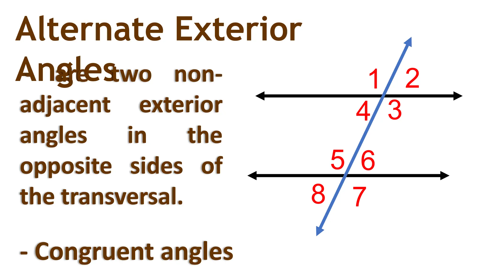 Alternate Exterior
Angles 1 2
3
4
6
7
8
5
- are two non-
adjacent exterior
angles in the
opposite sides of
the transversal.
- Congruent angles
 