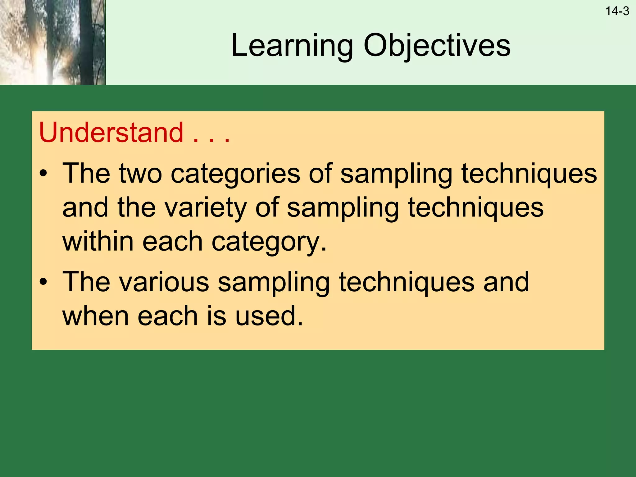 14-3
Learning Objectives
Understand . . .
• The two categories of sampling techniques
and the variety of sampling techniques
within each category.
• The various sampling techniques and
when each is used.
 