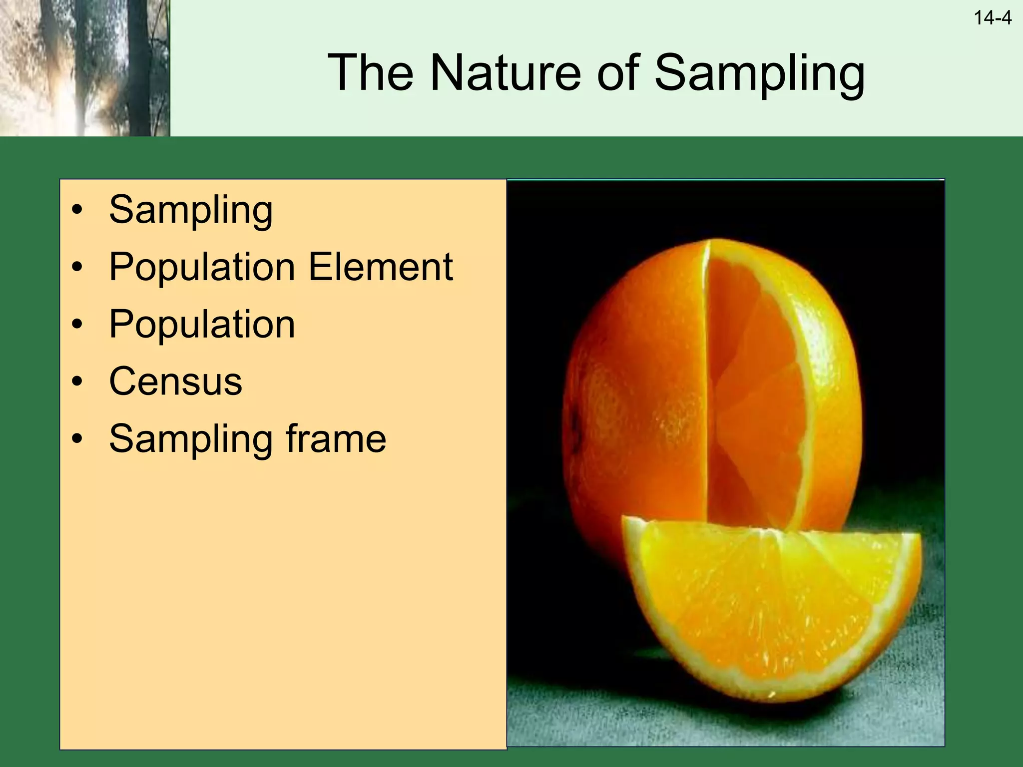 14-4
The Nature of Sampling
• Sampling
• Population Element
• Population
• Census
• Sampling frame
 