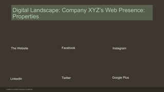 Digital Landscape: Company XYZ’s Web Presence:
Properties
Created by Danielia Donohue/ ComMEDIA
The Website
LinkedIn
Faceb...