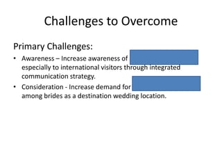 Challenges to Overcome
Primary Challenges:
• Awareness – Increase awareness of Zion Mountain Resort,
especially to international visitors through integrated
communication strategy.
• Consideration - Increase demand for Zion Mountain Resort
among brides as a destination wedding location.
 