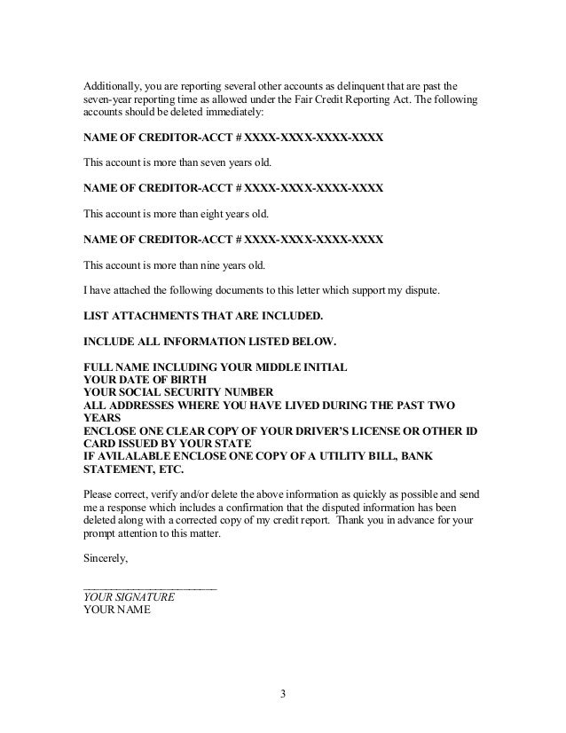 Sample dispute letter to credit bureau under Fair Credit Reporting Act