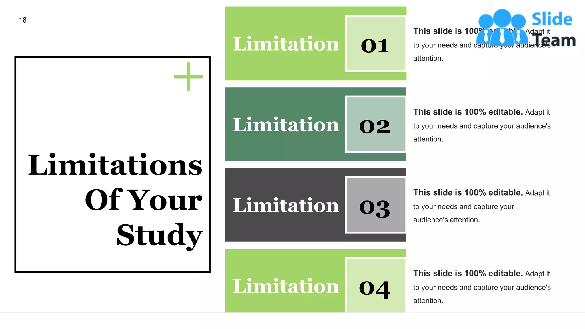 Limitations
Of Your
Study
01
Limitation
This slide is 100% editable. Adapt it
to your needs and capture your audience's
attention.
This slide is 100% editable. Adapt it
to your needs and capture your audience's
attention.
Limitation 02
This slide is 100% editable. Adapt it
to your needs and capture your
audience's attention.
Limitation 03
This slide is 100% editable. Adapt it
to your needs and capture your audience's
attention.
Limitation 04
18
 