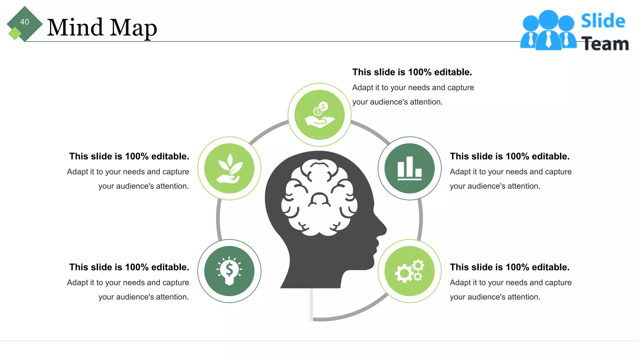 Mind Map
This slide is 100% editable.
Adapt it to your needs and capture
your audience's attention.
This slide is 100% editable.
Adapt it to your needs and capture
your audience's attention.
This slide is 100% editable.
Adapt it to your needs and capture
your audience's attention.
This slide is 100% editable.
Adapt it to your needs and capture
your audience's attention.
This slide is 100% editable.
Adapt it to your needs and capture
your audience's attention.
40
 