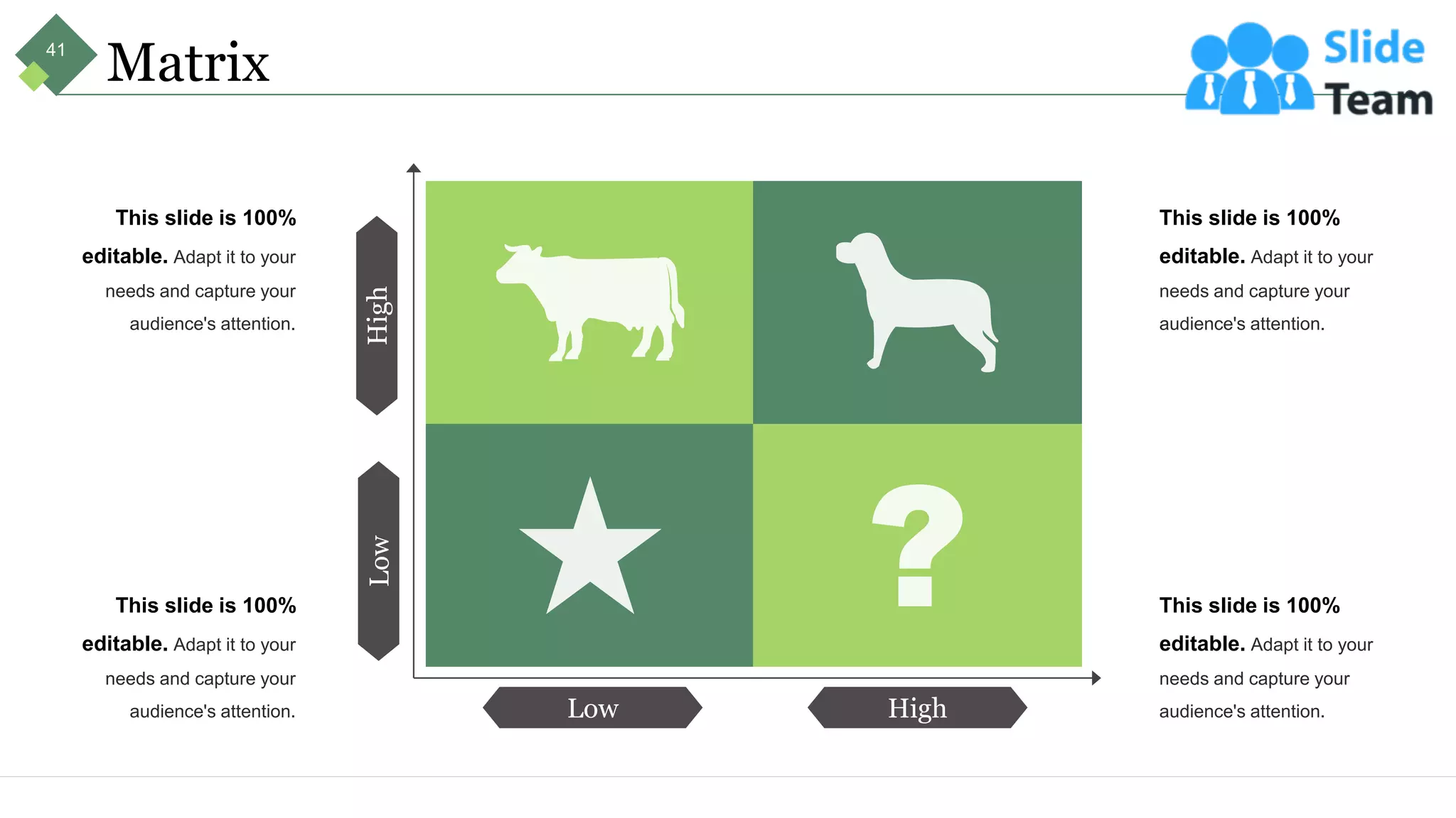 Matrix
This slide is 100%
editable. Adapt it to your
needs and capture your
audience's attention.
This slide is 100%
editable. Adapt it to your
needs and capture your
audience's attention.
This slide is 100%
editable. Adapt it to your
needs and capture your
audience's attention.
This slide is 100%
editable. Adapt it to your
needs and capture your
audience's attention.
High
Low
Low High
41
 