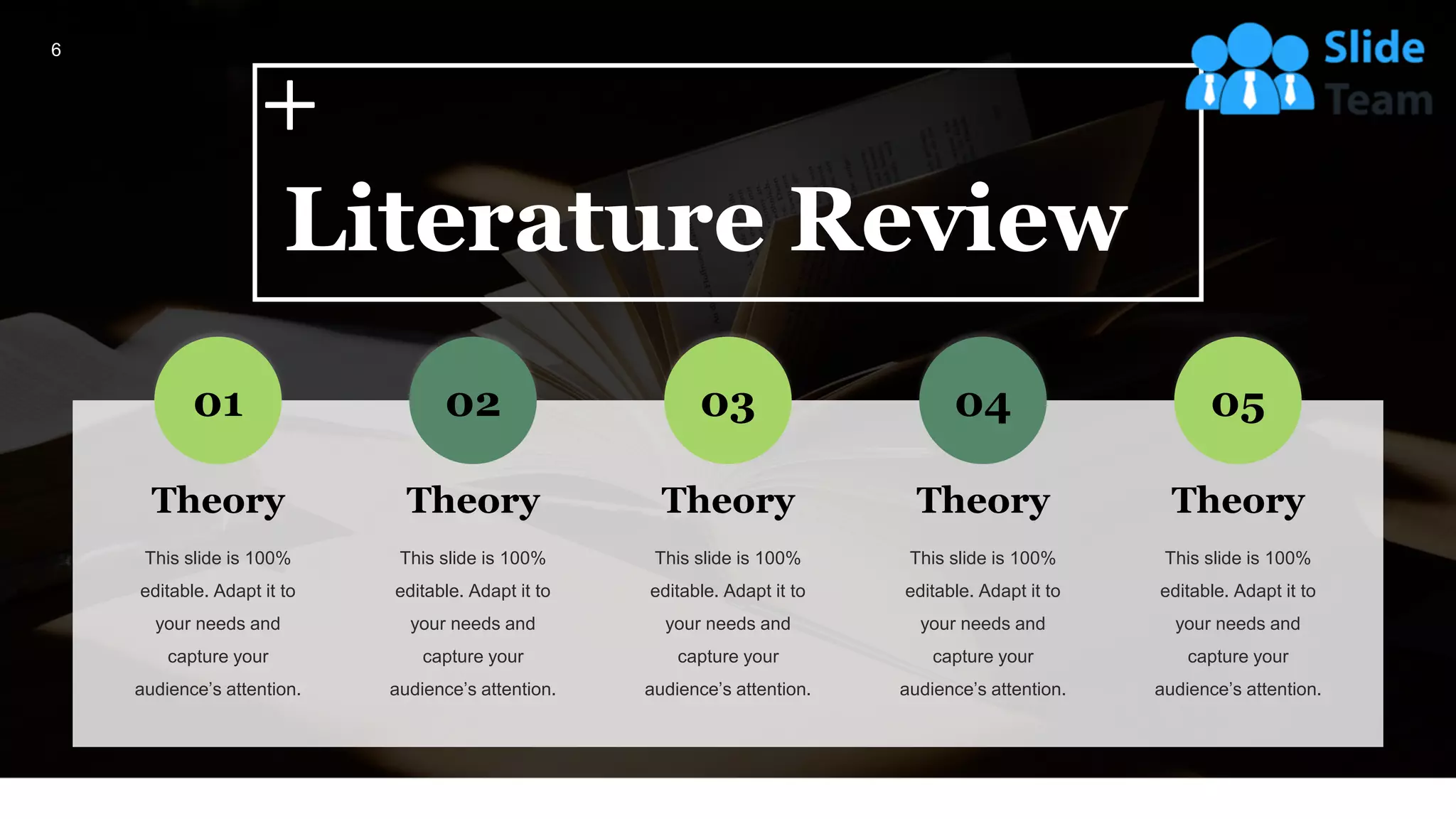 01 02 03 04 05
Theory
This slide is 100%
editable. Adapt it to
your needs and
capture your
audience’s attention.
Theory
This slide is 100%
editable. Adapt it to
your needs and
capture your
audience’s attention.
Theory
This slide is 100%
editable. Adapt it to
your needs and
capture your
audience’s attention.
Theory
This slide is 100%
editable. Adapt it to
your needs and
capture your
audience’s attention.
Theory
This slide is 100%
editable. Adapt it to
your needs and
capture your
audience’s attention.
Literature Review
6
 