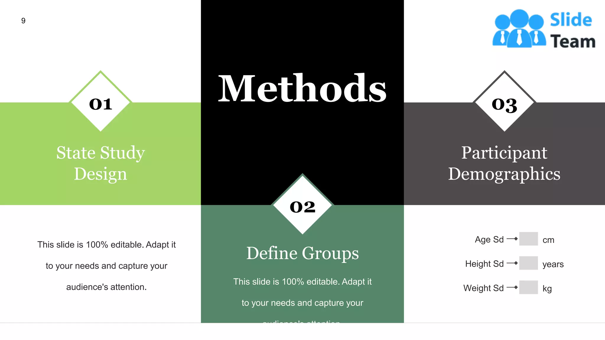 State Study
Design
Define Groups
Participant
Demographics
Age Sd cm
Height Sd years
Weight Sd kg
This slide is 100% editable. Adapt it
to your needs and capture your
audience's attention.
This slide is 100% editable. Adapt it
to your needs and capture your
audience's attention.
01
02
03
Methods
9
 
