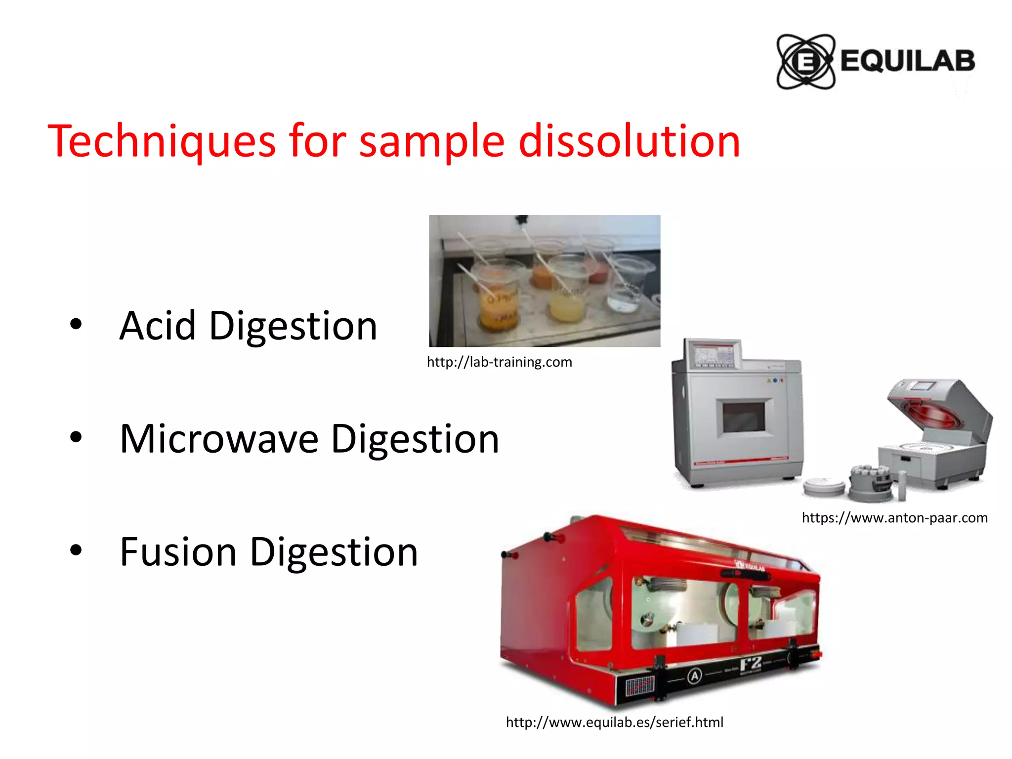 Techniques for sample dissolution
• Acid Digestion
• Microwave Digestion
• Fusion Digestion
http://lab-training.com
https://www.anton-paar.com
http://www.equilab.es/serief.html
 