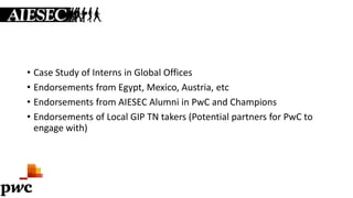 • Case Study of Interns in Global Offices
• Endorsements from Egypt, Mexico, Austria, etc
• Endorsements from AIESEC Alumni in PwC and Champions
• Endorsements of Local GIP TN takers (Potential partners for PwC to
engage with)
 