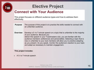 Elective Project
Connect with Your Audience
This project focuses on different audience types and how to address them
effectively.
Purpose The purpose of this project is to practice the skills needed to connect with
an unfamiliar audience.
Overview Develop a 5- to 7-minute speech on a topic that is unfamiliar to the majority
of your audience. Because you
deliver this speech in your Toastmasters club, you are familiar with the
audience members’ preferences and personalities. Selecting a topic that is
new or unfamiliar to your club members will allow you to practice adapting
as you present. As you speak, monitor the audience’s reaction to your topic
and adapt as necessary to maintain engagement.
This project includes:
 A 5- to 7-minute speech
Barbara Lowe, DTM
SAMPLE - Dynamic Leadership Pathway Levels and Projects 15
 
