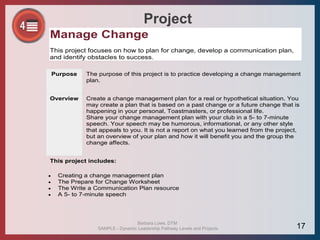 Project
Manage Change
This project focuses on how to plan for change, develop a communication plan,
and identify obstacles to success.
Purpose The purpose of this project is to practice developing a change management
plan.
Overview Create a change management plan for a real or hypothetical situation. You
may create a plan that is based on a past change or a future change that is
happening in your personal, Toastmasters, or professional life.
Share your change management plan with your club in a 5- to 7-minute
speech. Your speech may be humorous, informational, or any other style
that appeals to you. It is not a report on what you learned from the project,
but an overview of your plan and how it will benefit you and the group the
change affects.
This project includes:
 Creating a change management plan
 The Prepare for Change Worksheet
 The Write a Communication Plan resource
 A 5- to 7-minute speech
Barbara Lowe, DTM
SAMPLE - Dynamic Leadership Pathway Levels and Projects 17
 