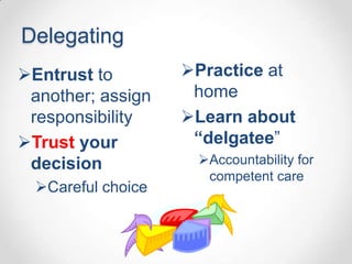 Delegating
Entrust to         Practice at
 another; assign     home
 responsibility     Learn about
Trust your          “delgatee”
 decision            Accountability for
                      competent care
  Careful choice
 