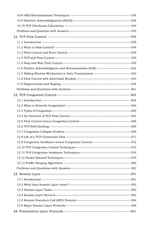 10.8 ARQ Retransmission Techniques ----------------------------------------------------- 336
10.9 Selective Acknowledgments (SACK) --------------------------------------------------- 338
10.10 TCP Checksum Calculation ---------------------------------------------------------- 340
Problems and Question with Answers ------------------------------------------------------ 345

11. TCP Flow Control ------------------------------------------------------------------ 349
11.1 Introduction ------------------------------------------------------------------------------ 349
11.2 What is Flow Control? ------------------------------------------------------------------ 349
11.3 Flow Control and Error Control ------------------------------------------------------- 349
11.4 TCP and Flow Control ------------------------------------------------------------------- 350
11.5 Stop and Wait Flow Control ------------------------------------------------------------ 350
11.6 Positive Acknowledgment and Retransmission (PAR) ------------------------------ 352
11.7 Sliding Window Mechanism in Data Transmission -------------------------------- 352
11.8 Flow Control with Advertised Window ------------------------------------------------ 355
11.9 Segmentation and Nagling ------------------------------------------------------------- 358
Problems and Questions with Answers ----------------------------------------------------- 361

12. TCP Congestion Control----------------------------------------------------------- 364
12.1 Introduction ------------------------------------------------------------------------------ 364
12.2 What is Network Congestion? ---------------------------------------------------------- 364
12.3 Types of Congestion --------------------------------------------------------------------- 365
12.4 An Overview of TCP Flow Control ----------------------------------------------------- 365
12.5 Flow Control versus Congestion Control --------------------------------------------- 368
12.6 TCP Self-Clocking ------------------------------------------------------------------------ 369
12.7 Congestion Collapse Problem ---------------------------------------------------------- 369
12.8 Life of a TCP Connection Flow --------------------------------------------------------- 371
12.9 Congestion Avoidance versus Congestion Control ---------------------------------- 372
12.10 TCP Congestion Control Techniques ------------------------------------------------ 372
12.11 TCP Congestion Avoidance Techniques --------------------------------------------- 376
12.12 Packet Discard Techniques ----------------------------------------------------------- 379
12.13 Traffic Shaping Algorithms ----------------------------------------------------------- 380
Problems and Questions with Answers ----------------------------------------------------- 383

13. Session Layer ----------------------------------------------------------------------- 391
13.1 Introduction ------------------------------------------------------------------------------ 391
13.2 What does Session Layer mean? ------------------------------------------------------ 392
13.3 Session Layer Tasks --------------------------------------------------------------------- 392
13.4 Session Layer Services ------------------------------------------------------------------ 392
13.5 Remote Procedure Call (RPC) Protocol ------------------------------------------------ 394
13.6 Major Session Layer Protocols --------------------------------------------------------- 398

14. Presentation Layer Protocols ----------------------------------------------------- 401

 