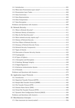 14.1 Introduction ------------------------------------------------------------------------------ 401
14.2 What does Presentation Layer mean? ------------------------------------------------ 402
14.3 Presentation Layer Tasks --------------------------------------------------------------- 402
14.4 Data Conversion ------------------------------------------------------------------------- 402
14.5 Data Representation -------------------------------------------------------------------- 403
14.6 Data Compression ----------------------------------------------------------------------- 404
14.7 Data Encryption ------------------------------------------------------------------------- 407
Problems and Questions with Answers ----------------------------------------------------- 409

15. Network Security ------------------------------------------------------------------- 411
15.1 What is Network Security? ------------------------------------------------------------- 411
15.2 Relevant History of Instances ---------------------------------------------------------- 411
15.3 Why Do We Need Security? ------------------------------------------------------------ 412
15.4 What network security reports say? -------------------------------------------------- 412
15.5 History of Network Security ------------------------------------------------------------ 413
15.6 Four Pillars of Network Security ------------------------------------------------------ 414
15.5 Glossary of Network Security Terms -------------------------------------------------- 414
15.6 Network Security Components -------------------------------------------------------- 419
15.7 Types of Attacks ------------------------------------------------------------------------- 421
15.8 Discussion of known Security Attacks ----------------------------------------------- 423
15.9 Cryptography ----------------------------------------------------------------------------- 430
15.10 Types of Ciphers------------------------------------------------------------------------ 433
15.11 Encryption and Decryption ----------------------------------------------------------- 434
15.12 Hashing: Message Integrity ----------------------------------------------------------- 440
15.13 Digital Signatures ---------------------------------------------------------------------- 444
15.14 Kerberos Authentication System ---------------------------------------------------- 451
15.15 Firewalls --------------------------------------------------------------------------------- 462
Problems and Questions with Answers ----------------------------------------------------- 474

16. Application Layer Protocols ------------------------------------------------------ 479
16.1 Introduction ------------------------------------------------------------------------------ 479
16.2 Hypertext Transfer Protocol [HTTP] --------------------------------------------------- 481
16.3 Simple Mail Transfer Protocol [SNMP] ------------------------------------------------ 483
16.4 File Transfer Protocol [FTP] ------------------------------------------------------------ 485
16.5 Domain Name Server [DNS] ------------------------------------------------------------ 488
16.6 Trivial File Transfer Protocol [TFTP] -------------------------------------------------- 493
16.7 Dynamic Host Configuration Protocol [DHCP] -------------------------------------- 494
Problems and Questions with Answers ----------------------------------------------------- 500

17. Miscellaneous Concepts ---------------------------------------------------------- 506
17.1 How traceroute (or tracert) works? ---------------------------------------------------- 506

 