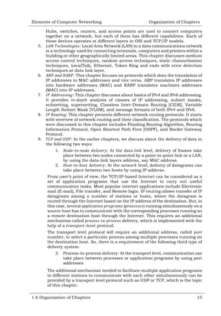 Elements of Computer Networking

5.

6.

7.

8.

9.

Organization of Chapters

Hubs, switches, routers, and access points are
to connect computers
together on a network, but each of them has different capabilities. Each of
these devices operates at different layers in OSI and TCP/IP models.
: Local Area Network (LAN) in a data communications network
is a technology used for connecting terminals, computers and printers within a
building or other geographically limited areas. This chapter discusses medium
access control techniques, random access techniques, static channelization
techniques, LocalTalk, Ethernet, Token Ring and ends with error detection
techniques at data link layer.
: This chapter focuses on protocols which does the translation of
IP addresses to MAC addresses and vice versa. ARP translates IP addresses
into hardware addresses (MAC) and RARP translates machines addresses
(MAC) into IP addresses.
: This chapter discusses about basics of IPv4 and IPv6 addressing.
It provides
analysis of classes of IP addressing, subnet masks,
subnetting, supernetting, Classless Inter-Domain Routing [CIDR], Variable
Length Subnet Mask [VLSM], and message formats of both IPv4 and IPv6.
This chapter presents different network routing protocols. It starts
with overview of network routing and their classification. The protocols which
were discussed in this chapter includes Flooding Routing Algorithm, Routing
Information Protocol, Open Shortest Path First [OSPF], and Border Gateway
Protocol.
: In the earlier chapters, we discuss about the delivery of data in
the following two ways:
1.

- : At the
level, delivery of frames take
place between two nodes connected by a point-to-point link or a LAN,
by using the data-link layers address, say MAC address.
2.
- : At the
level, delivery of datagrams can
take place between two hosts by using IP address.
From user‘s point of view, the TCP/IP-based Internet can be considered as a
set of application programs that use the Internet to carry out useful
communication tasks. Most popular internet applications include Electronic
mail (E-mail), File transfer, and Remote login. IP routing allows transfer of IP
datagrams among a number of stations or hosts, where the datagram is
routed through the Internet based on the IP address of the destination. But, in
this case, several
(
) running simultaneously on a
source host has to communicate with the corresponding processes running on
a remote destination host through the Internet. This requires an additional
mechanism called
- delivery, which is implemented with the
help of a
protocol.
The transport level protocol will require an additional address, called
number, to select a particular process among multiple processes running on
the destination host. So, there is a requirement of the following third type of
delivery system.
3. Process-to-process delivery: At the transport level, communication can
take place between processes or application programs by using port
addresses
The additional mechanism needed to facilitate multiple application programs
in different stations to communicate with each other simultaneously can be
provided by a transport level protocol such as UDP or TCP, which is the topic
of this chapter.
1.6 Organization of Chapters

15

 