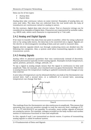Elements of Computer Networking

Introduction

Data can be of two types:



data
data

Analog data take
values on some interval. Examples of analog data are
voice and video. The data that are collected from the real world with the help of
transducers are continuous-valued or analog in nature.
On the contrary, digital data take
values. Text or character strings can be
considered as examples of digital data. Characters are represented by suitable codes,
e.g. ASCII code, where each character is represented by a 7-bit code.

2.4.2 Analog and Digital Signals
If we want to transfer this data from one point to another, either by using a physical
wire or by using radio waves, the data has to be converted into a signal. Signals are
the electric or electromagnetic encoding of data and are used to transmit data.
Signals (electric signals) which run through conducting wires are divided into the
following two categories. Also, a system used when transmitting signals is called a
.

2.4.3 Analog Signals
Analog refers to physical quantities that vary continuously instead of discretely.
Physical phenomena typically involve analog signals. Examples include temperature,
speed, position, pressure, voltage, altitude, etc.
To say a signal is analog simply means that the signal is continuous in time and
amplitude. Take, for example, your standard mercury glass thermometer. This device
is analog because the temperature reading is updated constantly and changes at any
time interval.
A new value of temperature can be obtained whether you look at the thermometer one
second later, half a second later, or a millionth of a second later, assuming
temperature can change that fast.
Wave Length

Amplitude

Time

The readings from the thermometer are also continuous in amplitude. This means that
assuming your eyes are sensitive enough to read the mercury level, readings of 37,
37.4, or 37.440183432°C are possible. In actuality, most cardiac signals of interest
are analog by nature. For example, voltages recorded on the body surface and cardiac
motion is continuous functions in time and amplitude.
In this, signals 0 and 1 are transmitted as electric waves. A system of transmitting
analog signals is called
system.
2.4 Fundamentals of Data and Signals

21

 