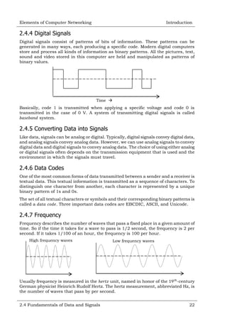 Elements of Computer Networking

Introduction

2.4.4 Digital Signals
Digital signals consist of patterns of bits of information. These patterns can be
generated in many ways, each producing a specific code. Modern digital computers
store and process all kinds of information as binary patterns. All the pictures, text,
sound and video stored in this computer are held and manipulated as patterns of
binary values.

Time 

Basically, code 1 is transmitted when applying a specific voltage and code 0 is
transmitted in the case of 0 V. A system of transmitting digital signals is called
system.

2.4.5 Converting Data into Signals
Like data, signals can be analog or digital. Typically, digital signals convey digital data,
and analog signals convey analog data. However, we can use analog signals to convey
digital data and digital signals to convey analog data. The choice of using either analog
or digital signals often depends on the transmission equipment that is used and the
environment in which the signals must travel.

2.4.6 Data Codes
One of the most common forms of data transmitted between a sender and a receiver is
textual data. This textual information is transmitted as a sequence of characters. To
distinguish one character from another, each character is represented by a unique
binary pattern of 1s and 0s.
The set of all textual characters or symbols and their corresponding binary patterns is
called a
. Three important data codes are EBCDIC, ASCII, and Unicode.

2.4.7 Frequency
Frequency describes the number of waves that pass a fixed place in a given amount of
time. So if the time it takes for a wave to pass is 1/2 second, the frequency is 2 per
second. If it takes 1/100 of an hour, the frequency is 100 per hour.
High frequency waves

Low frequency waves

Usually frequency is measured in the
unit, named in honor of the
-century
German physicist Heinrich Rudolf Hertz. The hertz measurement, abbreviated Hz, is
the number of waves that pass by per second.
2.4 Fundamentals of Data and Signals

22

 