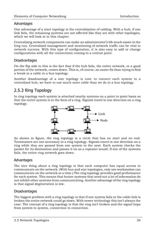 Elements of Computer Networking

Introduction

Advantages
One advantage of a start topology is the centralization of cabling. With a hub, if one
link fails, the remaining systems are not affected like they are with other topologies,
which we will look at in this chapter.
Centralizing network components can make an administrator‘s life much easier in the
long run. Centralized management and monitoring of network traffic can be vital to
network success. With this type of configuration, it is also easy to add or change
configurations with all the connections coming to a central point.

Disadvantages
On the flip side to this is the fact that if the hub fails, the entire network, or a good
portion of the network, comes down. This is, of course, an easier fix than trying to find
a break in a cable in a bus topology.
Another disadvantage of a star topology is cost: to connect each system to a
centralized hub, we have to use much more cable than we do in a bus topology.

2.5.3 Ring Topology
In ring topology each system is attached nearby systems on a point to point basis so
that the entire system is in the form of a ring. Signals travel in one direction on a ring
topology.
Link
Node

As shown in figure, the ring topology is a circle that has no start and no end.
Terminators are not necessary in a ring topology. Signals travel in one direction on a
ring while they are passed from one system to the next. Each system checks the
packet for its destination and passes it on as a repeater would. If one of the systems
fails, the entire ring network goes down.

Advantages
The nice thing about a ring topology is that each computer has equal access to
communicate on the network. (With bus and star topologies, only one workstation can
communicate on the network at a time.) The ring topology provides good performance
for each system. This means that busier systems that send out a lot of information do
not inhibit other systems from communicating. Another advantage of the ring topology
is that signal degeneration is low.

Disadvantages
The biggest problem with a ring topology is that if one system fails or the cable link is
broken the entire network could go down. With newer technology this isn‘t always the
case. The concept of a ring topology is that the ring isn‘t broken and the signal hops
from system to system, connection to connection.

2.5 Network Topologies

26

 
