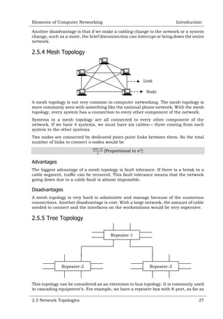 Elements of Computer Networking

Introduction

Another disadvantage is that if we make a cabling change to the network or a system
change, such as a move, the brief disconnection can interrupt or bring down the entire
network.

2.5.4 Mesh Topology

Link
Node
A mesh topology is not very common in computer networking. The mesh topology is
more commonly seen with something like the national phone network. With the mesh
topology, every system has a connection to every other component of the network.
Systems in a mesh topology are all connected to every other component of the
network. If we have 4 systems, we must have six cables— three coming from each
system to the other systems.
Two nodes are connected by dedicated point-point links between them. So the total
number of links to connect nodes would be
[Proportional to

]

Advantages
The biggest advantage of a mesh topology is fault tolerance. If there is a break in a
cable segment, traffic can be rerouted. This fault tolerance means that the network
going down due to a cable fault is almost impossible.

Disadvantages
A mesh topology is very hard to administer and manage because of the numerous
connections. Another disadvantage is cost. With a large network, the amount of cable
needed to connect and the interfaces on the workstations would be very expensive.

2.5.5 Tree Topology
Repeater-1

Repeater-2

Repeater-3

This topology can be considered as an extension to bus topology. It is commonly used
in cascading equipment‘s. For example, we have a repeater box with 8-port, as far as
2.5 Network Topologies

27

 