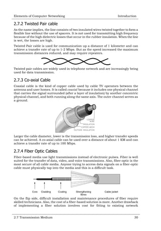 Elements of Computer Networking

Introduction

2.7.2 Twisted Pair cable
As the name implies, the line consists of two insulated wires twisted together to form a
flexible line without the use of spacers. It is not used for transmitting high frequency
because of the high dielectric losses that occur in the rubber insulation. When the line
is wet, the losses are high.
Twisted Pair cable is used for communication up a distance of 1 kilometer and can
achieve a transfer rate of up to 1-2 Mbps. But as the speed increased the maximum
transmission distances reduced, and may require repeaters.

Twisted pair cables are widely used in telephone network and are increasingly being
used for data transmission.

2.7.3 Co-axial Cable
Coaxial cable is the kind of copper cable used by cable TV operators between the
antenna and user homes. It is called
because it includes one physical channel
that carries the signal surrounded (after a layer of insulation) by another concentric
physical channel, and both running along the same axis. The outer channel serves as
a ground.

Larger the cable diameter, lower is the transmission loss, and higher transfer speeds
can be achieved. A co-axial cable can be used over a distance of about 1 KM and can
achieve a transfer rate of up to 100 Mbps.

2.7.4 Fiber Optic Cables
Fiber-based media use light transmissions instead of electronic pulses. Fiber is well
suited for the transfer of data, video, and voice transmissions. Also, fiber-optic is the
most secure of all cable media. Anyone trying to access data signals on a fiber-optic
cable must physically tap into the media and this is a difficult task.

On the flip side, difficult installation and maintenance procedures of fiber require
skilled technicians. Also, the cost of a fiber-based solution is more. Another drawback
of implementing a fiber solution involves cost for fitting to existing network

2.7 Transmission Medium

30

 