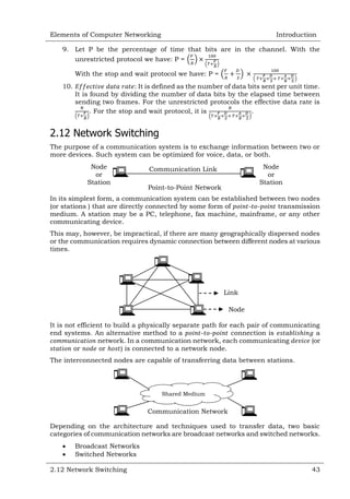 Elements of Computer Networking

Introduction

9. Let P be the percentage of time that bits are in the channel. With the
unrestricted protocol we have: P = ( )

(

)

With the stop and wait protocol we have: P = (
10.

)

(

)

: It is defined as the number of data bits sent per unit time.
It is found by dividing the number of data bits by the elapsed time between
sending two frames. For the unrestricted protocols the effective data rate is
. For the stop and wait protocol, it is
.
(

)

(

)

2.12 Network Switching
The purpose of a communication system is to exchange information between two or
more devices. Such system can be optimized for voice, data, or both.
Node
or
Station

Node
or
Station

Communication Link
Point-to-Point Network

In its simplest form, a communication system can be established between two nodes
(or stations ) that are directly connected by some form of
- transmission
medium. A station may be a PC, telephone, fax machine, mainframe, or any other
communicating device.
This may, however, be impractical, if there are many geographically dispersed nodes
or the communication requires dynamic connection between different nodes at various
times.

Link
Node
It is not efficient to build a physically separate path for each pair of communicating
end systems. An alternative method to a
- connection is
a
network. In a communication network, each communicating
(or
or
or
) is connected to a network node.
The interconnected nodes are capable of transferring data between stations.

Shared Medium

Communication Network
Depending on the architecture and techniques used to transfer data, two basic
categories of communication networks are broadcast networks and switched networks.



Broadcast Networks
Switched Networks

2.12 Network Switching

43

 
