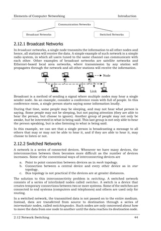 Elements of Computer Networking

Introduction

Communication Networks

Broadcast Networks

Switched Networks

2.12.1 Broadcast Networks
In
networks, a single node transmits the information to all other nodes and
hence, all stations will receive the data. A simple example of such network is a simple
radio system, in which all users tuned to the same channel can communicate with
each other. Other examples of broadcast networks are satellite networks and
Ethernet-based local area networks, where transmission by any station will
propagates through the network and all other stations will receive the information.
Node

Link
Broadcast is a method of sending a signal where multiple nodes may hear a single
sender node. As an example, consider a conference room with full of people. In this
conference room, a single person starts saying some information loudly.
During that time, some people may be sleeping, and may not hear what person is
saying. Some people may not be sleeping, but not paying attention (they are able to
hear the person, but choose to ignore). Another group of people may not only be
awake, but be interested in what is being said. This last group is not only able to hear
the person speaking, but is also listening to what is being said.
In this example, we can see that a single person is broadcasting a message to all
others that may or may not be able to hear it, and if they are able to hear it, may
choose to listen or not.

2.12.2 Switched Networks
A network is a series of connected devices. Whenever we have many devices, the
interconnection between them becomes more difficult as the number of devices
increases. Some of the conventional ways of interconnecting devices are
a. Point to point connection between devices as in
topology.
b. Connection between a central device and every other device as in
topology.
c. Bus topology is not practical if the devices are at greater distances.
The solution to this interconnectivity problem is
. A switched network
consists of a series of interlinked nodes called
. A switch is a device that
creates temporary connections between two or more systems. Some of the switches are
connected to end systems (computers and telephones) and others are used only for
routing.
In a switched network, the transmitted data is not passed on to the entire medium.
Instead, data are transferred from source to destination through a series of
nodes, called
. Such nodes are only concerned about how
to move the data from one node to another until the data reaches its destination node.
2.12 Network Switching

44

 