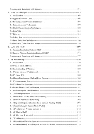 Problems and Questions with Answers ----------------------------------------------------- 101

5. LAN Technologies ------------------------------------------------------------------ 105
5.1 Introduction -------------------------------------------------------------------------------- 105
5.2 Types of Network Links------------------------------------------------------------------- 106
5.3 Medium Access Control Techniques --------------------------------------------------- 107
5.4 Random Access Techniques ------------------------------------------------------------- 109
5.5 Static Channelization Techniques ------------------------------------------------------ 120
5.6 LocalTalk ----------------------------------------------------------------------------------- 134
5.7 Ethernet ------------------------------------------------------------------------------------ 134
5.8 Token Ring --------------------------------------------------------------------------------- 141
5.9 Error Detection Techniques ------------------------------------------------------------- 150
Problems and Questions with Answers ----------------------------------------------------- 159

6. ARP and RARP ---------------------------------------------------------------------- 169
6.1 Address Resolution Protocol [ARP] ----------------------------------------------------- 169
6.2 Reverse Address Resolution Protocol [RARP] ----------------------------------------- 174
Problems and Questions with Answers ----------------------------------------------------- 177

7. IP Addressing ----------------------------------------------------------------------- 179
7.1 Introduction -------------------------------------------------------------------------------- 179
7.2 What is an IP Address? ------------------------------------------------------------------- 180
7.3 Understanding IP Address --------------------------------------------------------------- 180
7.4 Why do we need IP addresses? ---------------------------------------------------------- 181
7.5 IPv4 and IPv6 ------------------------------------------------------------------------------ 182
7.6 Classful Addressing: IPv4 Address Classes ------------------------------------------- 183
7.7 IPv4 Addressing Types-------------------------------------------------------------------- 185
7.8 IPv4 Reserved Addresses ----------------------------------------------------------------- 186
7.9 Packet Flow in an IPv4 Network -------------------------------------------------------- 187
7.10 IPv4 Datagram Header Format -------------------------------------------------------- 189
7.11 IPv4 Fragmentation --------------------------------------------------------------------- 191
7.12 Limitations to IPv4 Classful Addressing --------------------------------------------- 193
7.13 Subnet Masks and Subnetting -------------------------------------------------------- 193
7.14 Supernetting and Classless Inter-Domain Routing [CIDR] ------------------------ 205
7.15 Variable Length Subnet Mask [VLSM] ------------------------------------------------ 210
7.16 IPv6 [Internet Protocol Version 6] ----------------------------------------------------- 212
7.16.1 What is IPv6? -------------------------------------------------------------------------- 212
7.16.2 Why new IP Version? ----------------------------------------------------------------- 212
7.17 IPv6 Features ----------------------------------------------------------------------------- 212
7.18 Hexadecimal Number System---------------------------------------------------------- 214
7.19 IPv6 Addressing Notation [IPv6 Address Structure] -------------------------------- 214

 