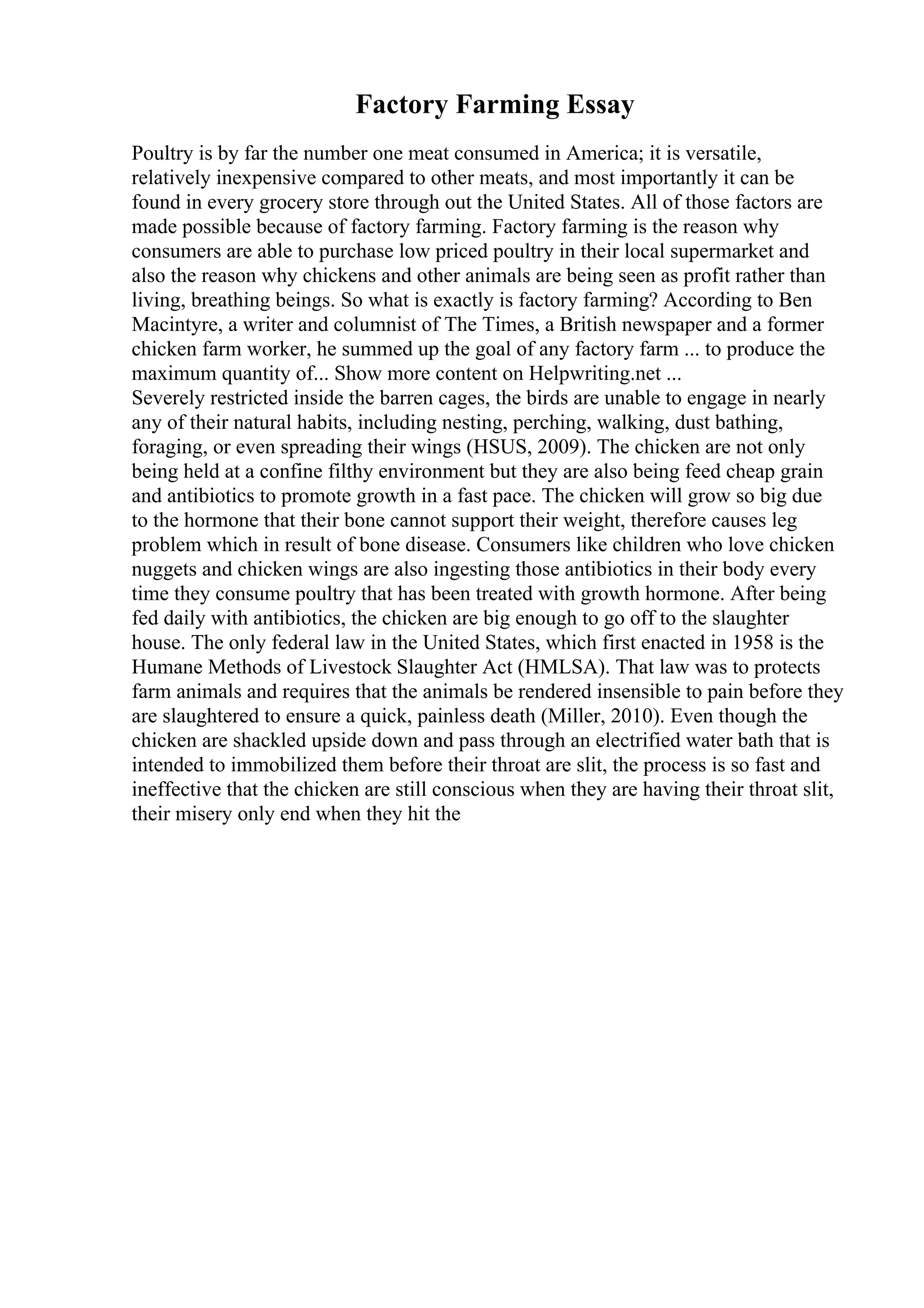 Factory Farming Essay
Poultry is by far the number one meat consumed in America; it is versatile,
relatively inexpensive compared to other meats, and most importantly it can be
found in every grocery store through out the United States. All of those factors are
made possible because of factory farming. Factory farming is the reason why
consumers are able to purchase low priced poultry in their local supermarket and
also the reason why chickens and other animals are being seen as profit rather than
living, breathing beings. So what is exactly is factory farming? According to Ben
Macintyre, a writer and columnist of The Times, a British newspaper and a former
chicken farm worker, he summed up the goal of any factory farm ... to produce the
maximum quantity of... Show more content on Helpwriting.net ...
Severely restricted inside the barren cages, the birds are unable to engage in nearly
any of their natural habits, including nesting, perching, walking, dust bathing,
foraging, or even spreading their wings (HSUS, 2009). The chicken are not only
being held at a confine filthy environment but they are also being feed cheap grain
and antibiotics to promote growth in a fast pace. The chicken will grow so big due
to the hormone that their bone cannot support their weight, therefore causes leg
problem which in result of bone disease. Consumers like children who love chicken
nuggets and chicken wings are also ingesting those antibiotics in their body every
time they consume poultry that has been treated with growth hormone. After being
fed daily with antibiotics, the chicken are big enough to go off to the slaughter
house. The only federal law in the United States, which first enacted in 1958 is the
Humane Methods of Livestock Slaughter Act (HMLSA). That law was to protects
farm animals and requires that the animals be rendered insensible to pain before they
are slaughtered to ensure a quick, painless death (Miller, 2010). Even though the
chicken are shackled upside down and pass through an electrified water bath that is
intended to immobilized them before their throat are slit, the process is so fast and
ineffective that the chicken are still conscious when they are having their throat slit,
their misery only end when they hit the
 