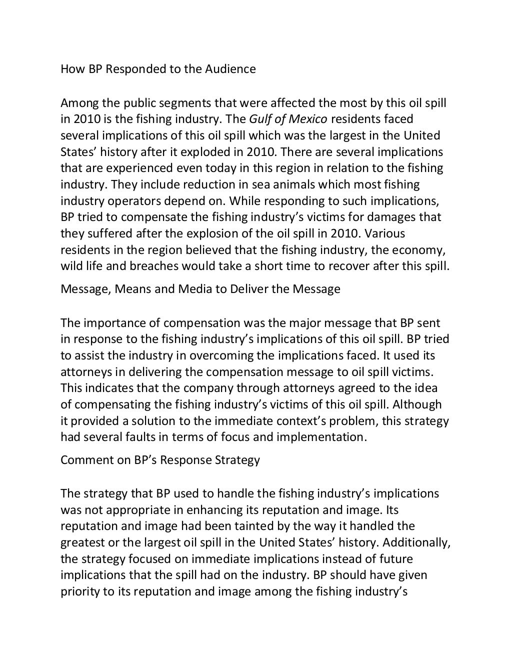 Sample essay on bp oil spill