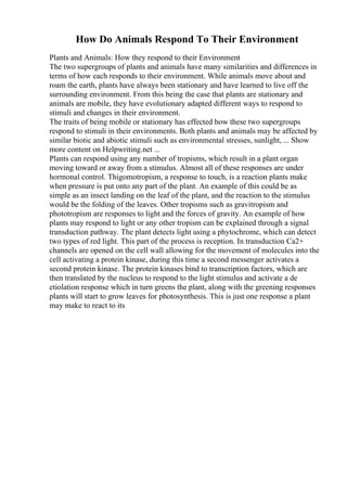 How Do Animals Respond To Their Environment
Plants and Animals: How they respond to their Environment
The two supergroups of plants and animals have many similarities and differences in
terms of how each responds to their environment. While animals move about and
roam the earth, plants have always been stationary and have learned to live off the
surrounding environment. From this being the case that plants are stationary and
animals are mobile, they have evolutionary adapted different ways to respond to
stimuli and changes in their environment.
The traits of being mobile or stationary has effected how these two supergroups
respond to stimuli in their environments. Both plants and animals may be affected by
similar biotic and abiotic stimuli such as environmental stresses, sunlight, ... Show
more content on Helpwriting.net ...
Plants can respond using any number of tropisms, which result in a plant organ
moving toward or away from a stimulus. Almost all of these responses are under
hormonal control. Thigomotropism, a response to touch, is a reaction plants make
when pressure is put onto any part of the plant. An example of this could be as
simple as an insect landing on the leaf of the plant, and the reaction to the stimulus
would be the folding of the leaves. Other tropisms such as gravitropism and
phototropism are responses to light and the forces of gravity. An example of how
plants may respond to light or any other tropism can be explained through a signal
transduction pathway. The plant detects light using a phytochrome, which can detect
two types of red light. This part of the process is reception. In transduction Ca2+
channels are opened on the cell wall allowing for the movement of molecules into the
cell activating a protein kinase, during this time a second messenger activates a
second protein kinase. The protein kinases bind to transcription factors, which are
then translated by the nucleus to respond to the light stimulus and activate a de
etiolation response which in turn greens the plant, along with the greening responses
plants will start to grow leaves for photosynthesis. This is just one response a plant
may make to react to its
 