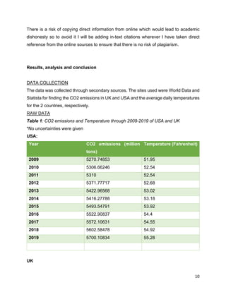 10
There is a risk of copying direct information from online which would lead to academic
dishonesty so to avoid it I will be adding in-text citations wherever I have taken direct
reference from the online sources to ensure that there is no risk of plagiarism.
Results, analysis and conclusion
DATA COLLECTION
The data was collected through secondary sources. The sites used were World Data and
Statista for finding the CO2 emissions in UK and USA and the average daily temperatures
for the 2 countries, respectively.
RAW DATA
Table 1: CO2 emissions and Temperature through 2009-2019 of USA and UK
*No uncertainties were given
USA:
Year CO2 emissions (million
tons)
Temperature (Fahrenheit)
2009 5270.74853 51.95
2010 5306.66246 52.54
2011 5310 52.54
2012 5371.77717 52.68
2013 5422.96568 53.02
2014 5416.27788 53.18
2015 5493.54791 53.92
2016 5522.90837 54.4
2017 5572.10631 54.55
2018 5602.58478 54.92
2019 5700.10834 55.28
UK
 