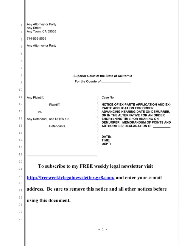 Sample ex parte application to advance hearing date for demurrer in