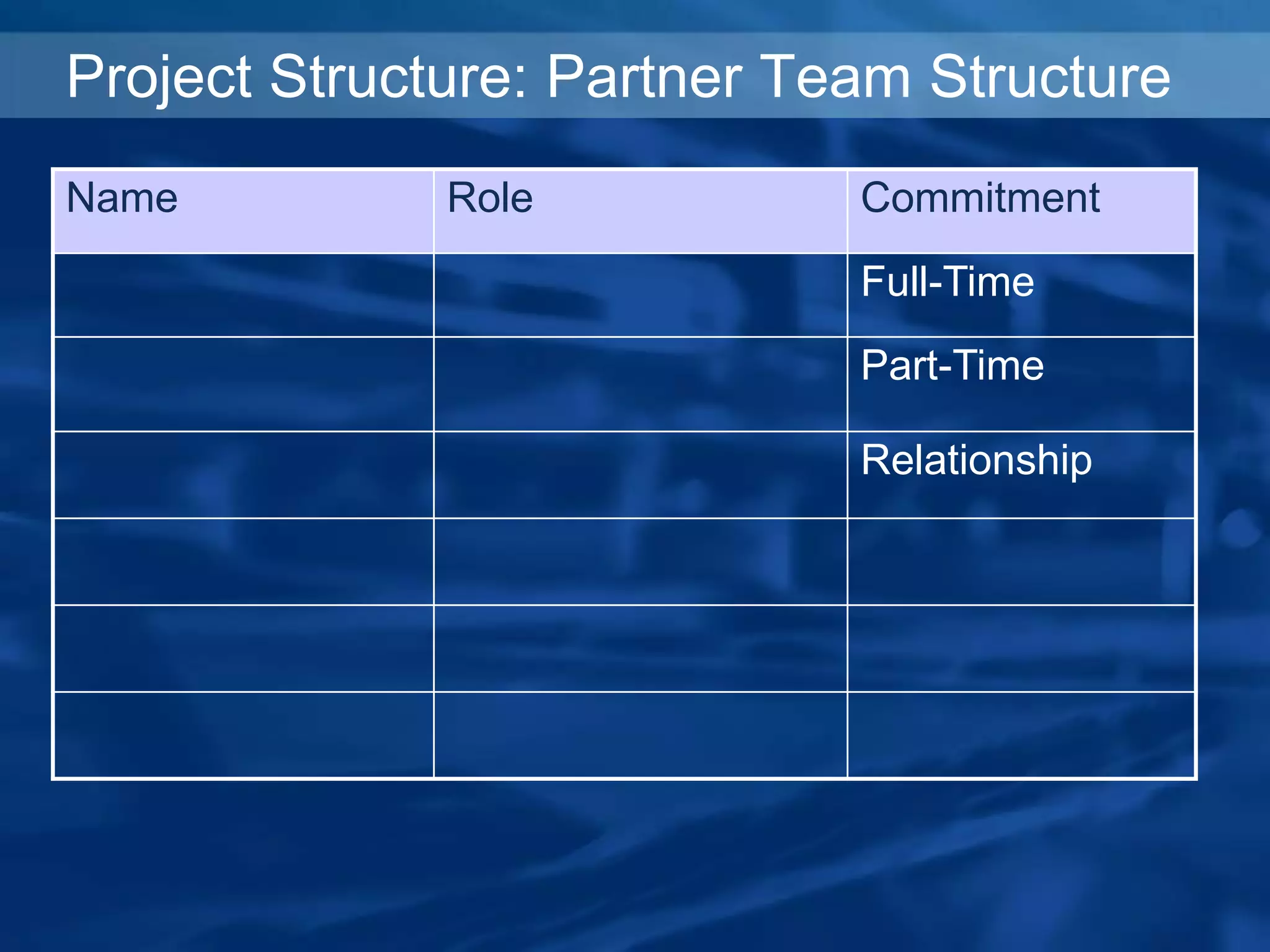 Name Role Commitment
Full-Time
Part-Time
Relationship
Project Structure: Partner Team Structure
 