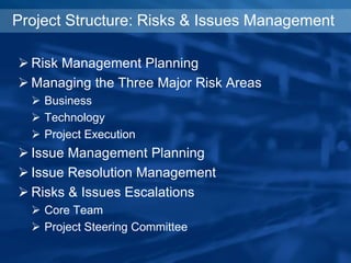 Project Structure: Risks & Issues Management
 Risk Management Planning
 Managing the Three Major Risk Areas
 Business
 Technology
 Project Execution
 Issue Management Planning
 Issue Resolution Management
 Risks & Issues Escalations
 Core Team
 Project Steering Committee
 