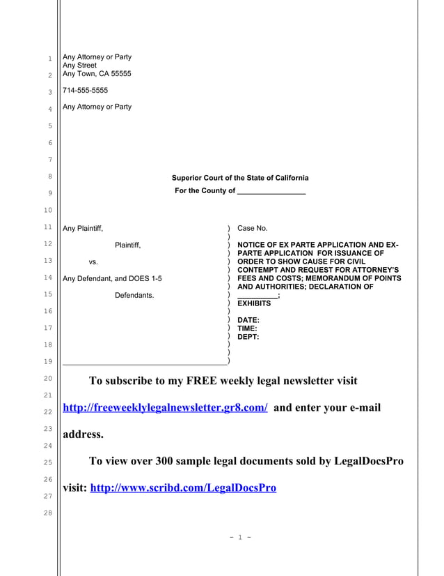 Sample ex parte application for osc for civil contempt in California PDF