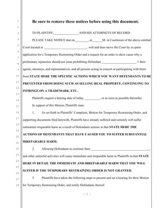 Sample ex parte application for TRO and preliminary injunction in ...