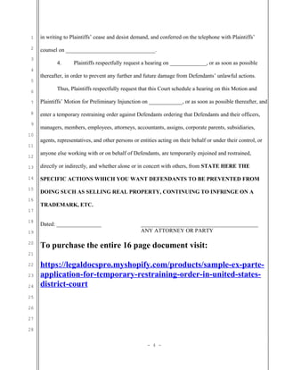 Sample ex parte application for TRO and preliminary injunction in United States District Court