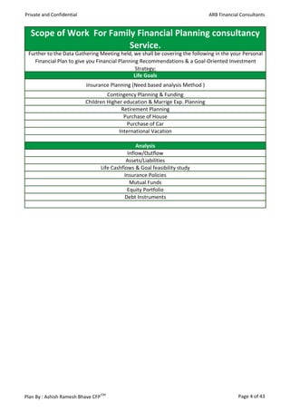 Private and Confidential                                                       ARB Financial Consultants


  Scope of Work For Family Financial Planning consultancy
                         Service.
 Further to the Data Gathering Meeting held, we shall be covering the following in the your Personal
    Financial Plan to give you Financial Planning Recommendations & a Goal-Oriented Investment
                                                Strategy;
                                               Life Goals
                           Insurance Planning (Need based analysis Method )
                                    Contingency Planning & Funding
                           Children Higher education & Marrige Exp. Planning
                                          Retirement Planning
                                           Purchase of House
                                            Purchase of Car
                                         International Vacation

                                                 Analysis
                                             Inflow/Outflow
                                             Assets/Liabilities
                                 Life Cashflows & Goal feasibility study
                                            Insurance Policies
                                              Mutual Funds
                                             Equity Portfolio
                                            Debt Instruments




Plan By : Ashish Ramesh Bhave CFP CM                                                        Page 4 of 43
 
