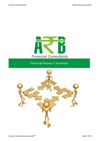Private and Confidential                                 ARB Financial Consultants




                           Financial Planner's Summary




Plan By : Ashish Ramesh Bhave CFPCM                                   Page 7 of 43
 