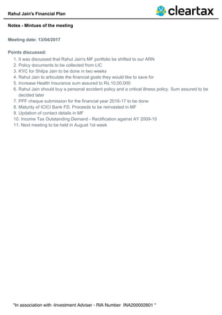 Sample Financial Plan of Rahul Jain - ClearTax | PDF